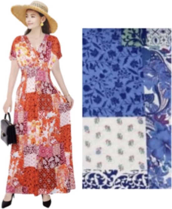 Dames maxi jurk met patchwork print L/XL Blauw/groen/wit