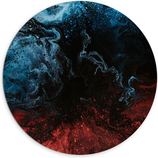 Dibond Muurcirkel - Mix van Blauwe en Rode Patronen op Zwarte Achtergrond - 100x100 cm Foto op Aluminium Muurcirkel (met ophangsysteem)