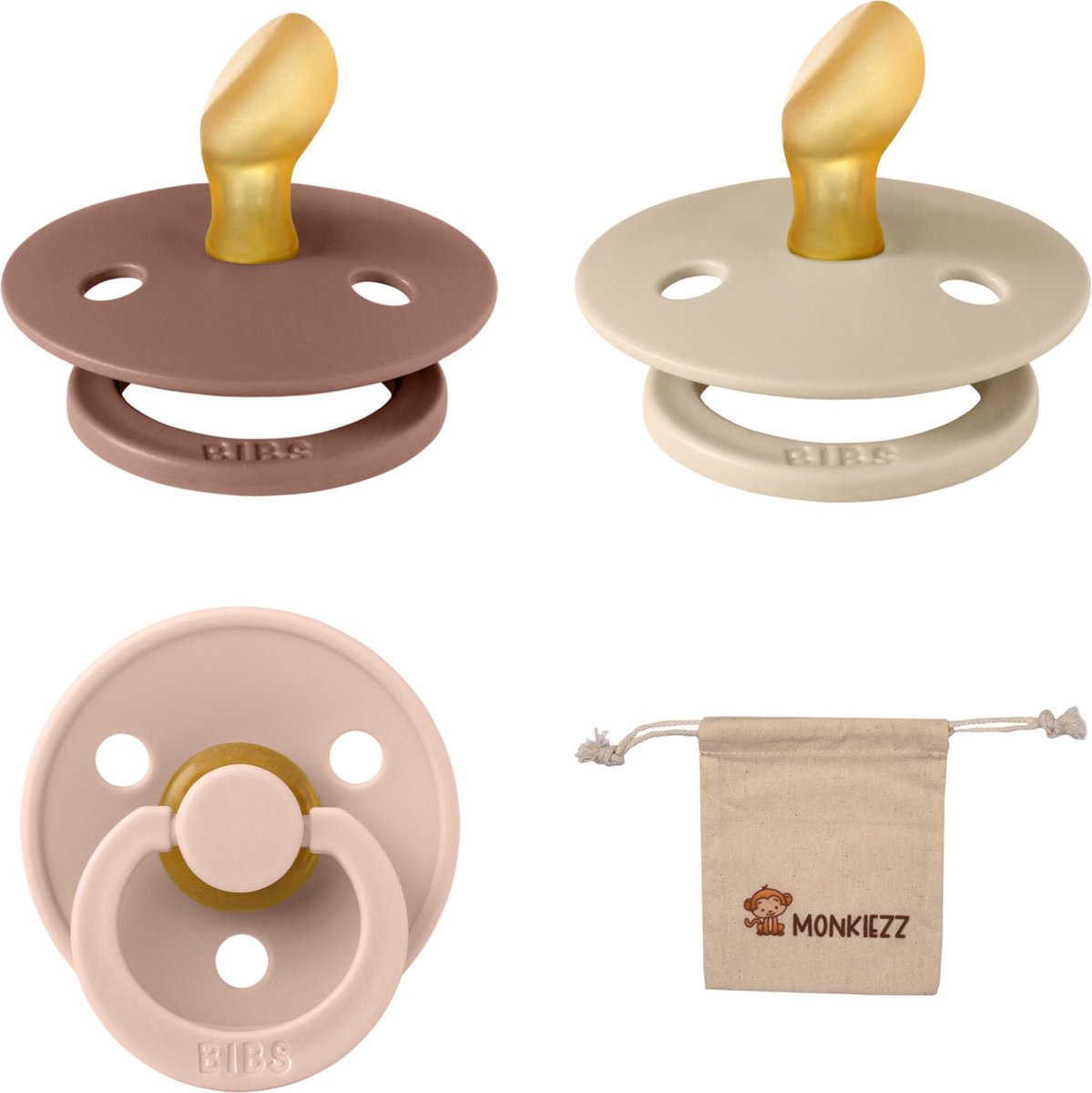 Goedkoopste Bibs Dental fopspenen Anatomical 0-6 maanden- Set 3 stuks- Blush, Woodchuck, Vanilla- Monkiezz speenzakje - orthodontisch- Anatomisch- Maat 1