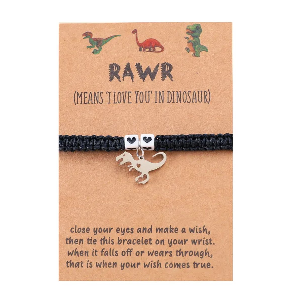 Armbandje met Dinosaurus & Hartjes sluiting - Zwarte Bandjes - BFF Armband op Cadeau kaartje - Pax Amare