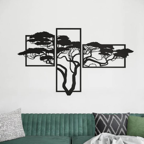 3 stucks Acacia Levensboom modern deco muurdecoratie - Wanddecoratie - Zwart - Houten art - Muurdecoratie - Line art - Wall art - Bohemian - Wandborden - Woonkamer - 120x80 cm - wandecoratie woonkamer