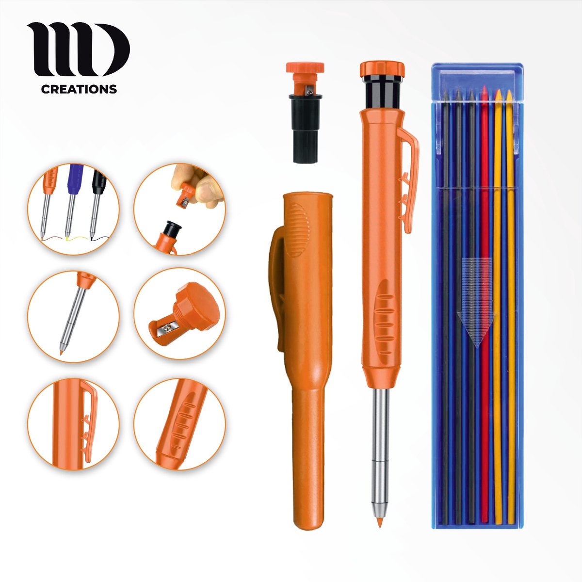 MD Creations - Markeerpotlood - Carpenter pencil - Markeerpotlood met vulling- longlife - Grafiet vulling - werf stiften - pica dry