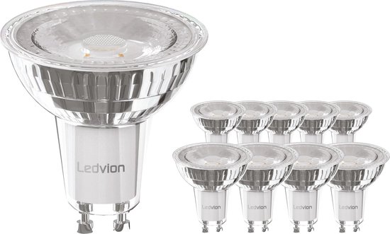 Ledvion Set van 10 LED Lamp, Dimbare LED Lamp, Verlichting, Plafondlamp, Inbouwspot, 5W, 4000K, 345 Lumen, Full Glass, GU10, Voordeelpak