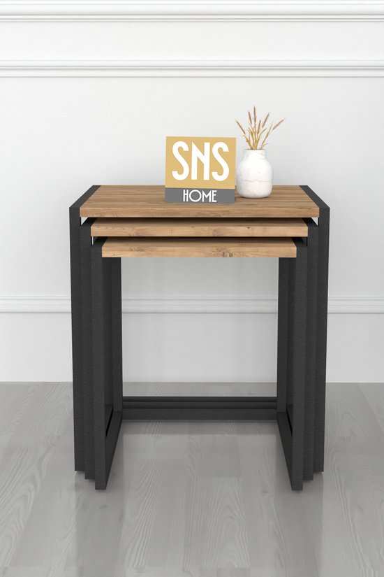 SNS Home - Set van 3 Coffee Tables Metal - Salontafel - Bijzettafel - Set van 3 Coffee Metalen Nesttafel - Pijnboom