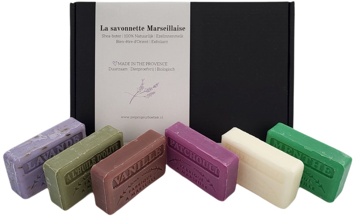 Goedkoopste 6x Savon de Marseille zeep set Patchouli, Chevrefeuille, Lavendel scrub, Vanille, Huile d'olive, Menthe - vaderdag - moederdag - zeepcadeau - giftset