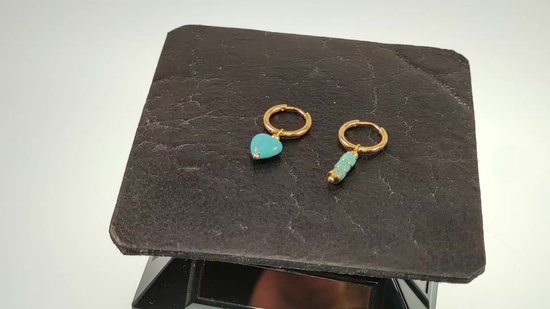 Boucles d'oreilles ∅16mm avec Pierres Turquoise - Acier Plaqué Or - Boucles d'oreilles Femme avec Pendentifs Coeur et Tube