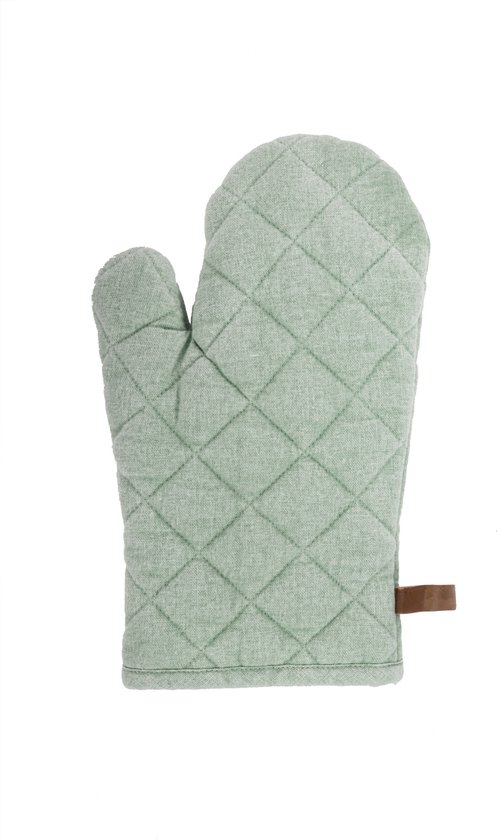 Manique vert clair avec motif matelassé en losange et étiquette marron.