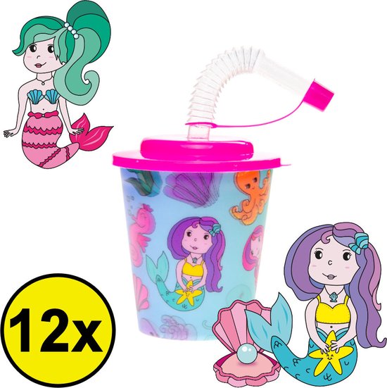 12 STUKS ZEEMEERMIN 3D Drink Beker met Rietje en Deksel - 250ML - Mermaid Plastic Bekers - Kinderfeestje - Kinderverjaardag Bekertjes - Traktatie - Uitdeelcadeaus van Moses. — afbeelding 2