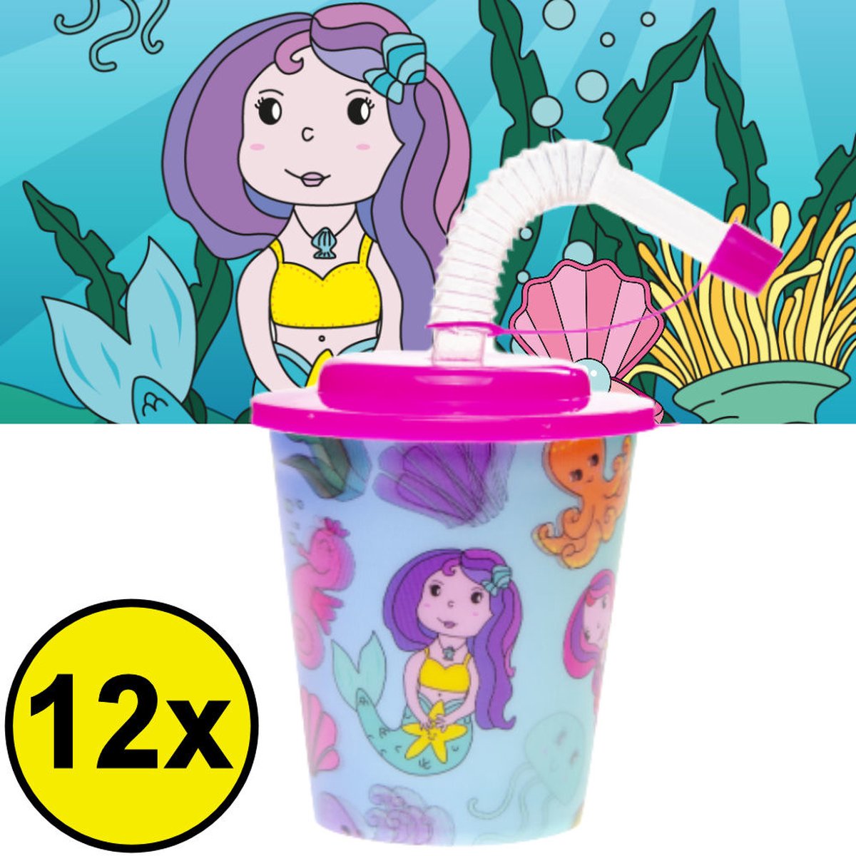 Goedkoopste 12 STUKS ZEEMEERMIN 3D Drink Beker met Rietje en Deksel - 250ML - Mermaid Plastic Bekers - Kinderfeestje - Kinderverjaardag Bekertjes - Traktatie - Uitdeelcadeaus