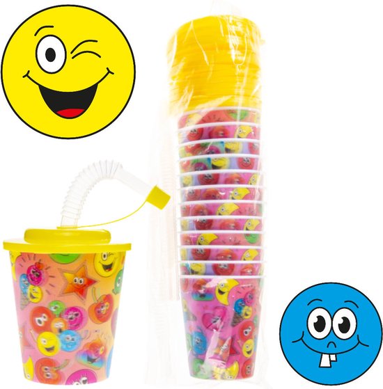 12 STUKS VROLIJKE SMILEY 3D Drink Beker met Rietje en Deksel - 250ML - Smilli Plastic Bekers - Kinderfeestje - Kinderverjaardag Bekertjes - Traktatie - Uitdeelcadeaus van Smilli — afbeelding 4