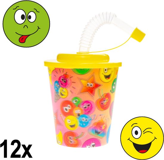 12 STUKS VROLIJKE SMILEY 3D Drink Beker met Rietje en Deksel - 250ML - Smilli Plastic Bekers - Kinderfeestje - Kinderverjaardag Bekertjes - Traktatie - Uitdeelcadeaus van Smilli — afbeelding 2