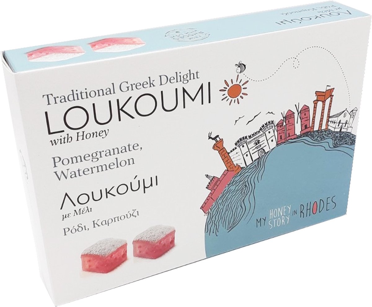Melissokomiki Dodecanesse Loukoumi Pomegranate, Watermelon 250gr | Turks Fruit Honing Snoep