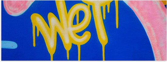 Poster Glanzend – Gele Graffiti Tekst ''Wet'' op Blauwe Ondergrond - 60x20 cm Foto op Posterpapier met Glanzende Afwerking