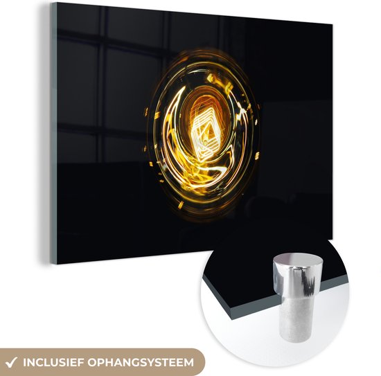 Glasschilderij zwart goud - Gloeilamp - Goud - Zwart - Luxe - 120x80 cm - Schilderij glas - Decoratie slaapkamer