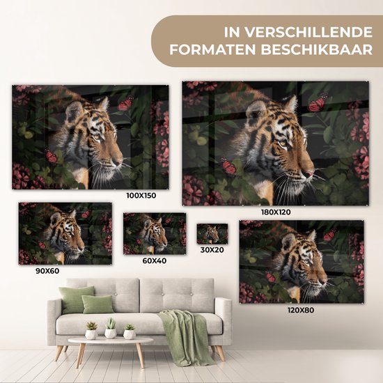 Peintures sur verre - Tigre - Papillons - Fleurs - 120x80 cm - Peintures Plexiglas