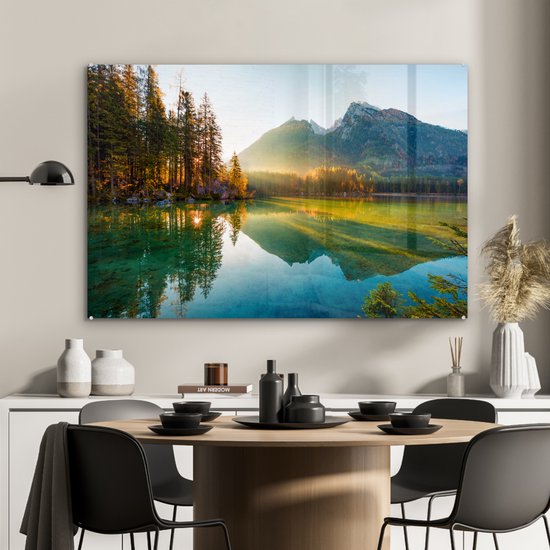 Peinture sur verre - Feuille acrylique - Lac - Water - Vert - Montagnes - Arbre - Décoration murale - Peinture sur verre - Verre acrylique - Photo sur verre - 120x80 cm - Peinture sur verre nature - Décoration murale