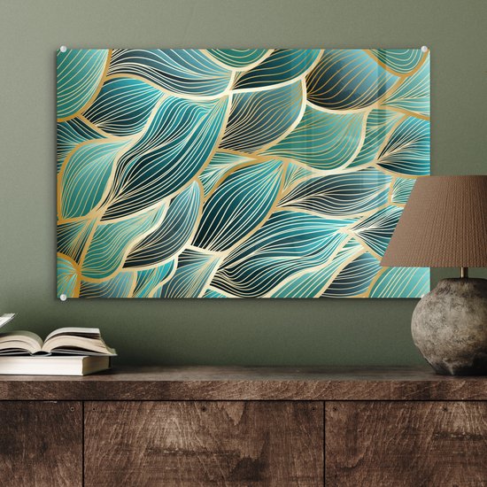 MuchoWow® Glasschilderij 60x40 cm - Schilderij acrylglas - Patronen - Goud - Abstract - Golf - Foto op glas - Schilderijen