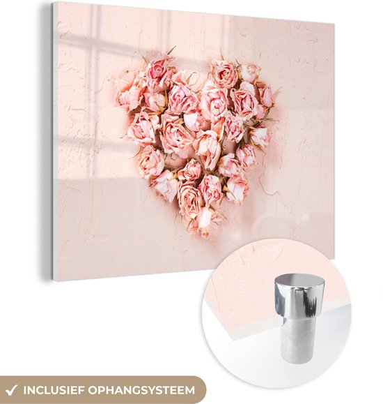 MuchoWow® Glasschilderij 40x30 cm - Schilderij acrylglas - Hart - Bloemen - Roze - Foto op glas - Schilderijen