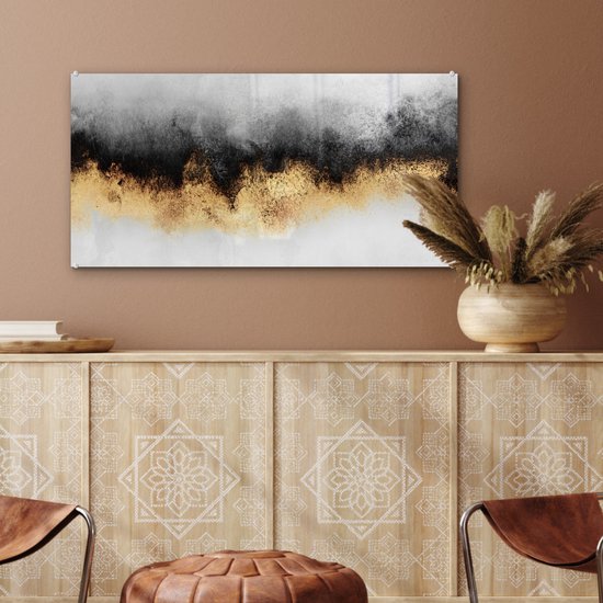 MuchoWow® Peinture sur Verre - Goud - Chic - Abstrait - Zwart - Wit - Luxe - 80x40 cm - Peintures sur Verre Acrylique - Photo sur Glas