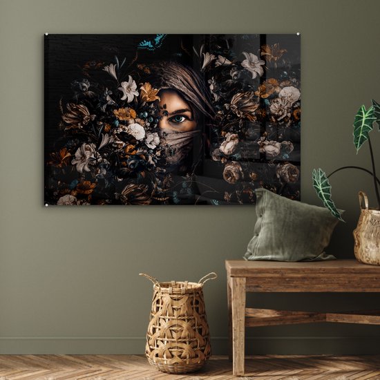 Peinture sur Verre - Femme - Foulard - Fleurs - Papillons - 120x80 cm - Peintures sur Verre Peintures - Photo sur Glas
