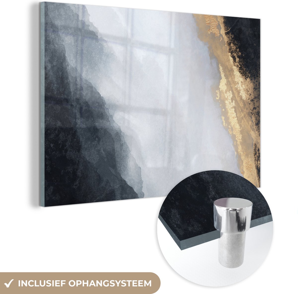MuchoWow® Glasschilderij 120x80 cm - Schilderij acrylglas - Abstract - Verf - Goud - Zwart - Marmer - Foto op glas - Muurdecoratie woonkamer - Wanddecoratie slaapkamer - Schilderijen