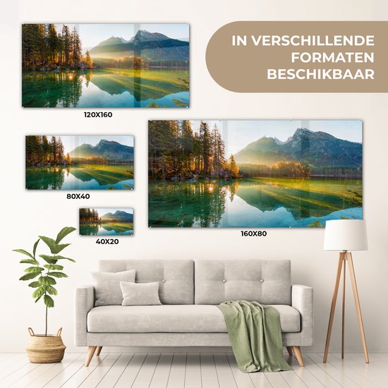 Peinture sur verre - Plaque acrylique - Lac - Water - Vert - Montagnes - Arbre - Décoration murale - Peinture sur verre - Verre acrylique - Photo sur verre - 120x60 cm - Peinture sur verre nature - Décoration murale