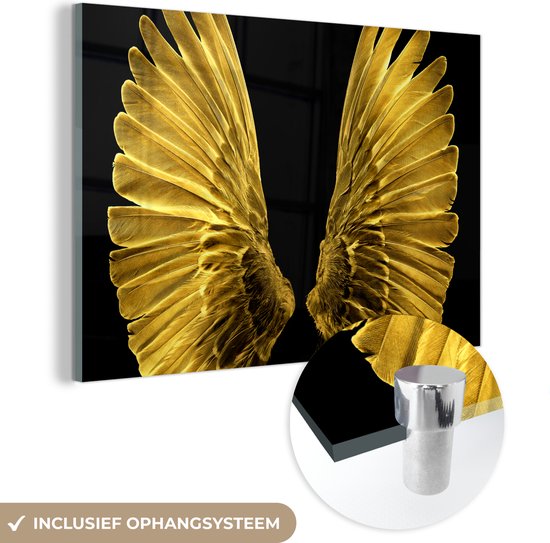 MuchoWow® Glasschilderij 150x100 cm - Schilderij acrylglas - Gouden vleugels op een zwarte achtergrond - Foto op glas - Schilderijen