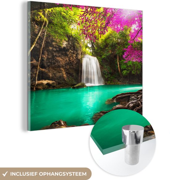 MuchoWow® Glasschilderij 90x90 cm - Schilderij acrylglas - Een waterval in de herfstbos bij Erawan-waterval - Foto op glas - Schilderijen