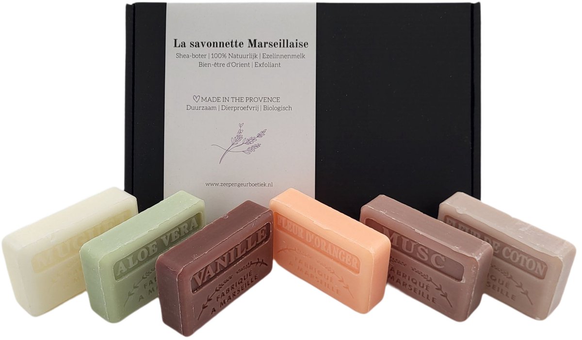 Goedkoopste Soap bar cadeauset savon de marseille zeep Vanille, Sinaasappelbloesem, Muguet, Musc, Fleur de coton, Aloë vera 6x125 gr. moederdag geschenkset