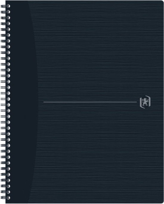 Carnet noir A4+ à spirale, ligné horizontalement avec un logo gris.