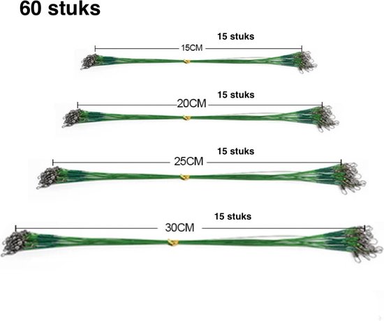 Onderlijnen - Stalen onderlijnen - 60 stuks - Gevlochten vislijn - Quick snap - Barrel wartel - Swivel - 15cm - 20cm - 25cm - 30cm - 0,5mm - 14kg - Groen - Vissen - Roofvissen