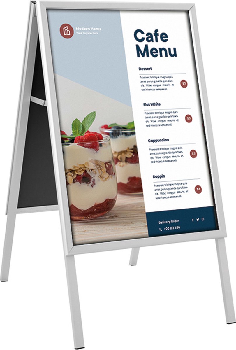 Europel Stoepbord - Kliklijst A1 formaat - 59,4 x 84 cm - 32 mm frame - Dubbelzijdige presentatie - Spatwater bestendig - Gemakkelijk op te bergen Zilver