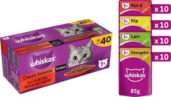 Whiskas 1+ Natvoer - Classic - Selectie in saus - maaltijdzakjes 40 x 85 g