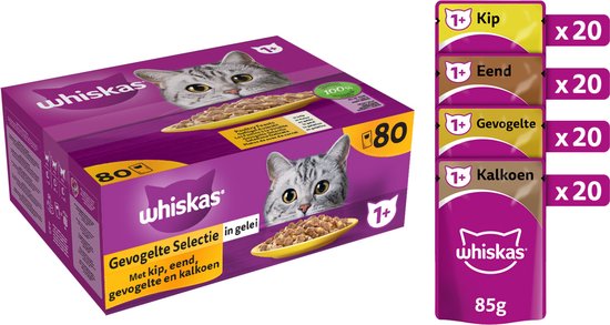 Whiskas 1+ - Kattenvoer Natvoer - Gevogelte in gelei - maaltijdzakjes 80 x 85 g