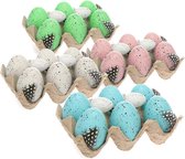 24x Paaseieren als paasdecoratie in eierdoos - decoratieve paaseieren met natuurlijk ogende patronen en veren - kunstmatige vogeleieren in vier pastelkleuren (Set03 - wit/blauw/roze/groen)