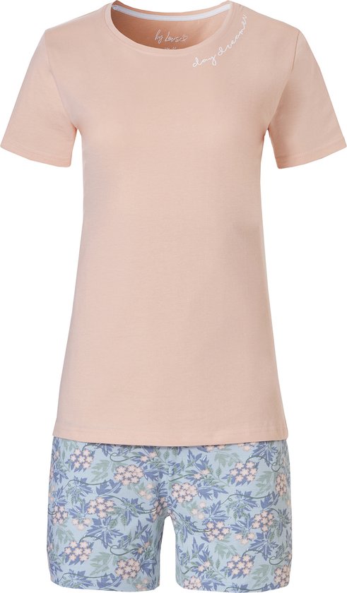 By Louise Dames Korte Pyjamasets Shortama + Top Soft Orange Flower - Maat S