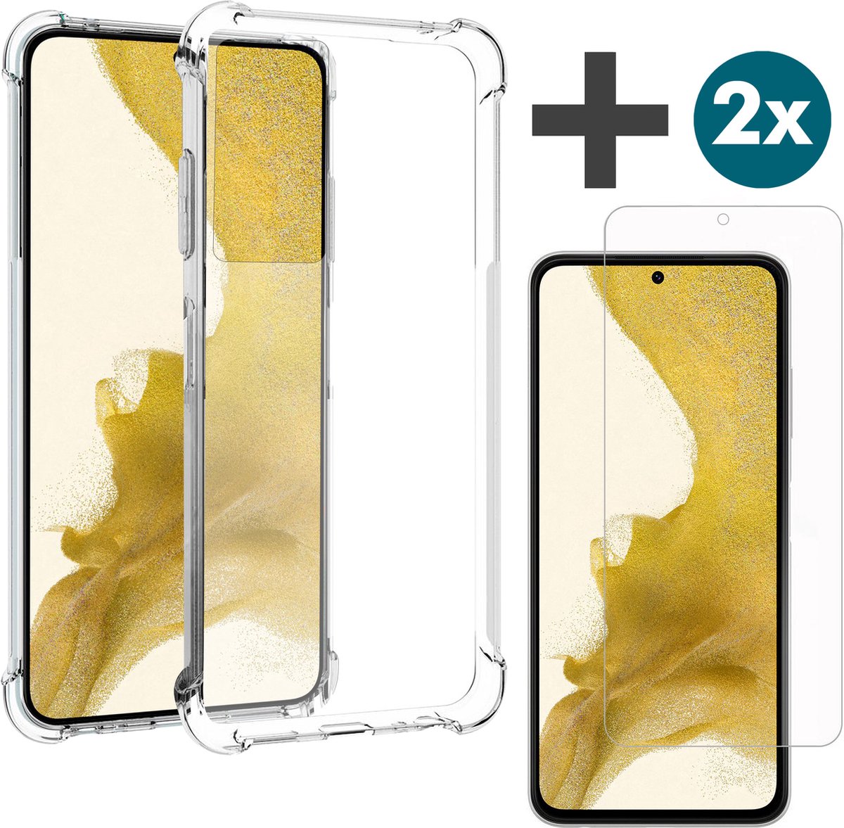 Samsung Galaxy S22 hoesje transparant siliconen backcover met verstevigde hoeken Inclusief 2 Stuks Screenprotector tempered glass