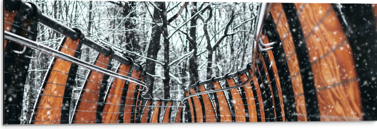 Dibond - Hekwerk in Ondergesneeuwd Bos - 90x30 cm Foto op Aluminium (Wanddecoratie van met