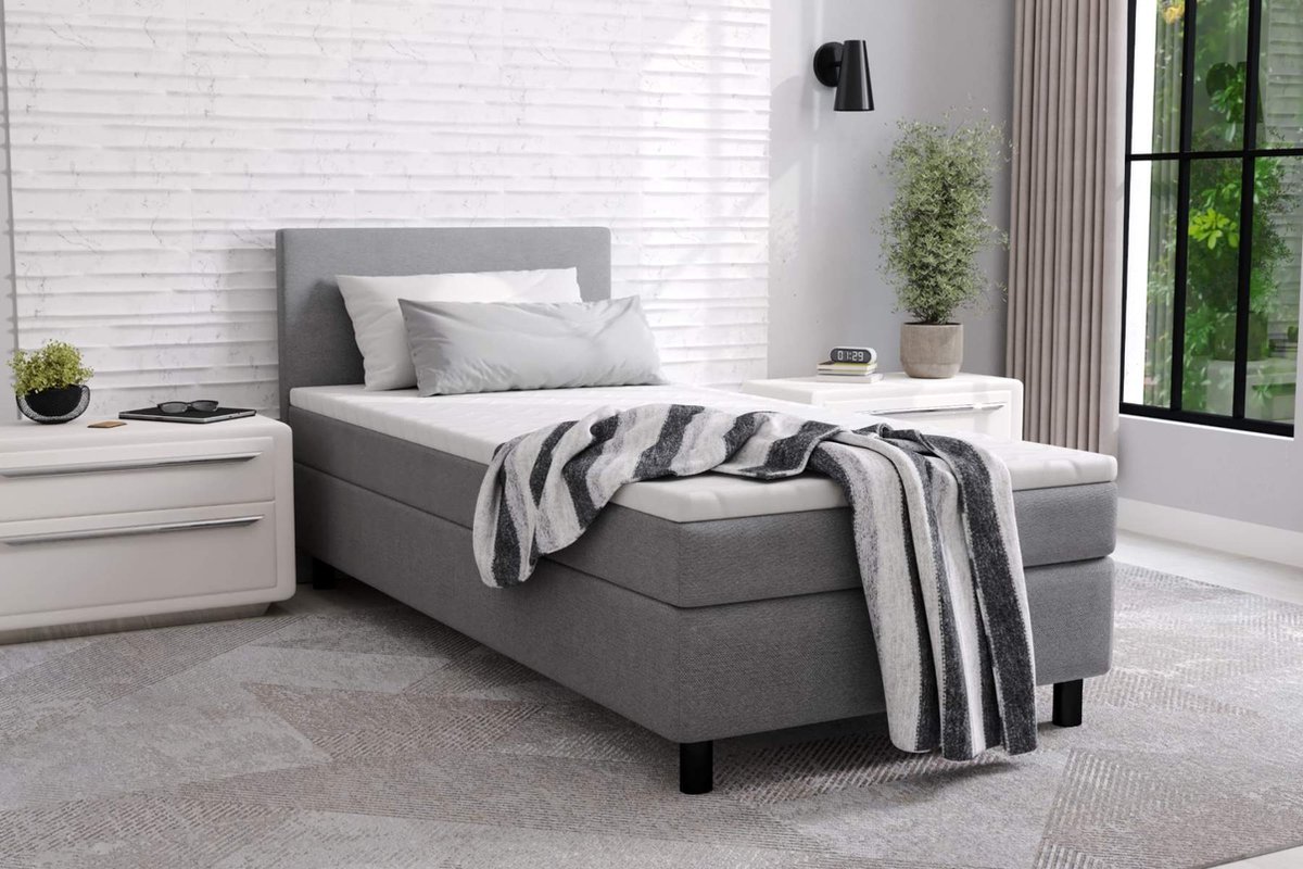 Boxspring Met opbergruimte Erolla 90x200 cm eenpersoons grijs stof