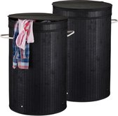 Relaxdays 2x wasmand bamboe - ronde wasbox met deksel - 63 x 40 cm - 65 liter - zwart