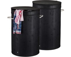 2x wasmand bamboe - ronde wasbox met deksel - 63 x 40 cm - 65 liter - zwart