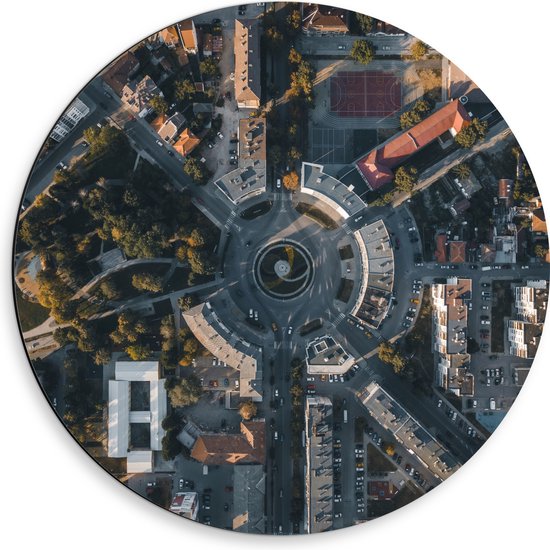 Dibond Muurcirkel - Bovenaanzicht van Stad met Grote Rotonde - 50x50 cm Foto op Aluminium Muurcirkel (met ophangsysteem)