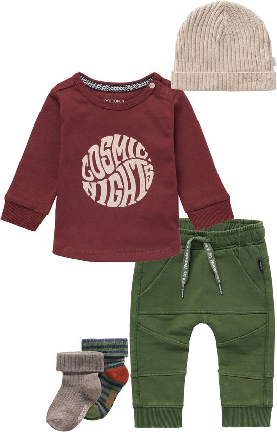 Noppies - Kledingset - Jongens - 5delig - Broek Jeslo Thyme - Shirt Jaroslavi Andorra - Muts Beanie Joliet Sand Melange - 2 paar sokjes Jerzu Burly Wood - Maat 56