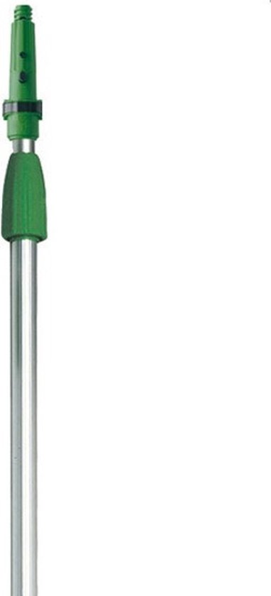 Bovenste deel van een zilverkleurige telescopische steel met groene handgreep.