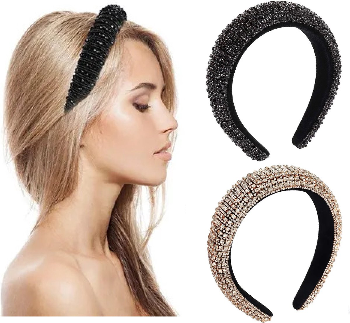 2 Stuks - Glitter Haarbanden Diadeems Strass Steentjes - Goud en Zwart - Party Haarband