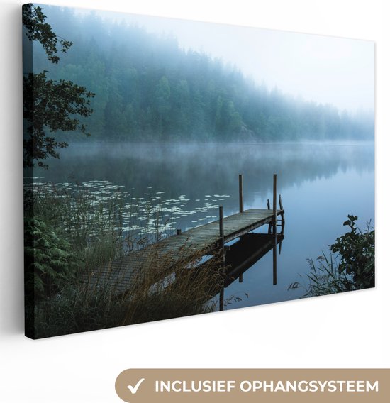 Canvas schilderij - Natuur - Meer - Bos - Mist - Foto op canvas - 120x80 cm - Canvasdoek - Wanddecoratie woonkamer