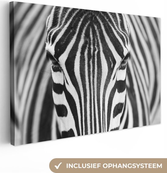 Canvas schilderij - Zebra - Dieren - Zwart wit - Portret - Canvasdoek - 90x60 cm - Woonkamer decoratie - Foto op canvas