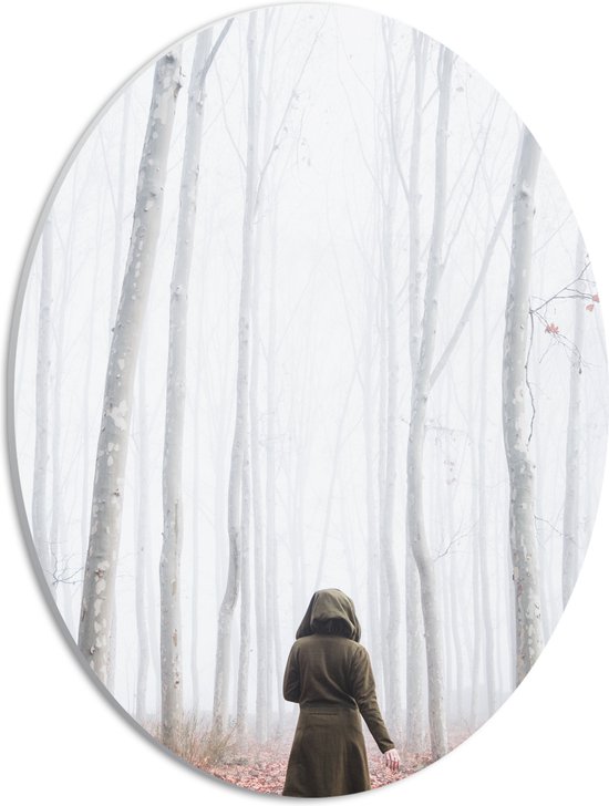WallClassics - Panneau de mousse PVC ovale - Personne marchant dans une forêt nue et brumeuse - Photo 30x40 cm sur ovale (avec système de suspension)