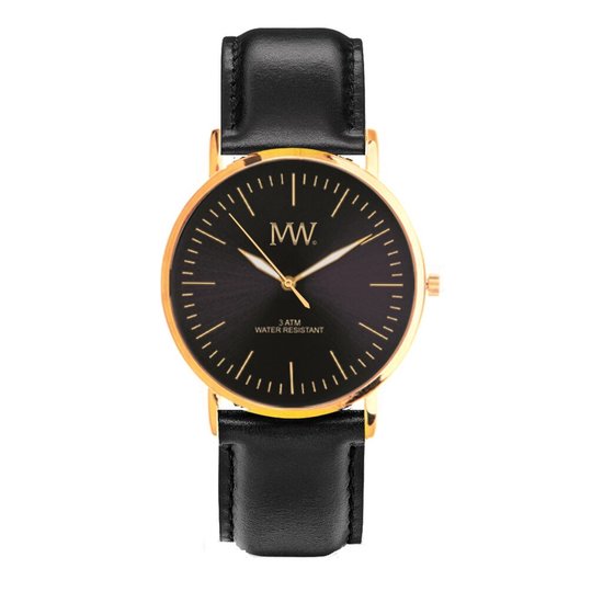 Horloge MW Flat Style Goud met zwart lederen band