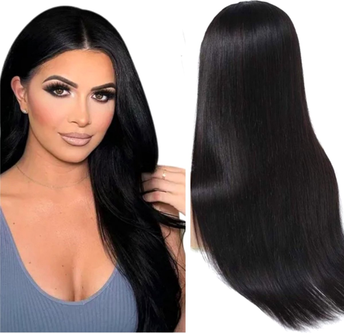 Frazimashop- Braziliaanse Remy Pruik- 28 Inch – 70 Cm - 1B Natuurlijk Zwart – Steil – Echt Mensenhaar – 13x1 Front Lace – Luxe Damespruik